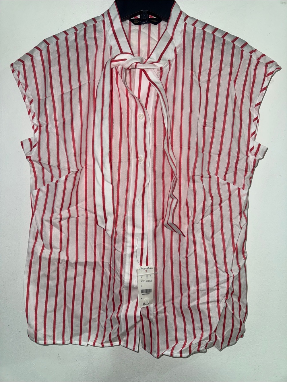 Brooks Brothers White Shirt with Red Stripes and Tie-Neck